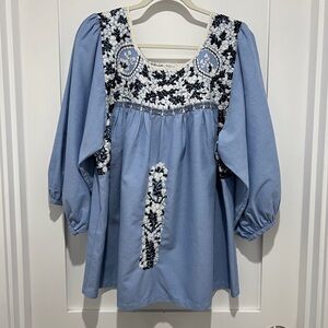 Mi Golondrina Blue Embroidered Blouse 1X, XXL woman’s